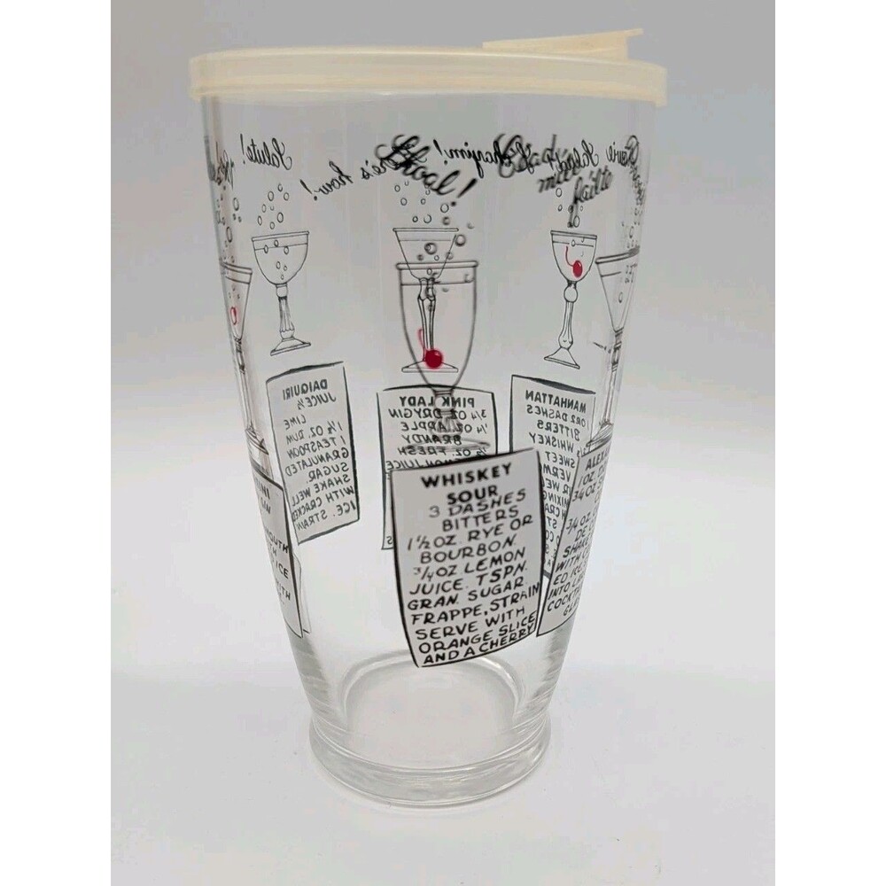Vtg MCM XLarge 32-Oz Glass Cocktail Shaker Recipes 2 Lids Martini Daiquiri
